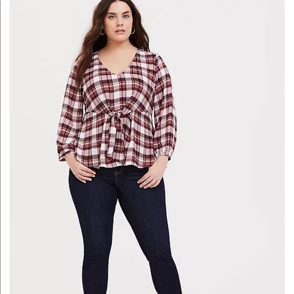 TORRID Red Plaid Georgette Tie Front Blouse Top 2X - Picture 13 of 14